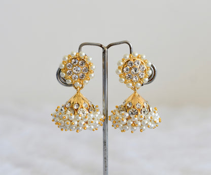 Gold tone AD white pearl small jhumkka dj-52518