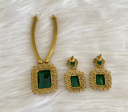 Antique gold tone big green stone kante necklace set dj-54770
