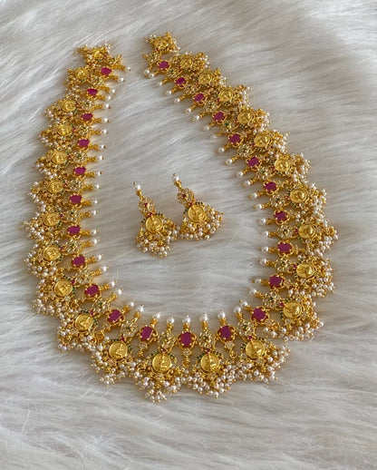 Gold tone ruby-emerald-white lakshmi coin gutta pusalu short haar set dj-55005