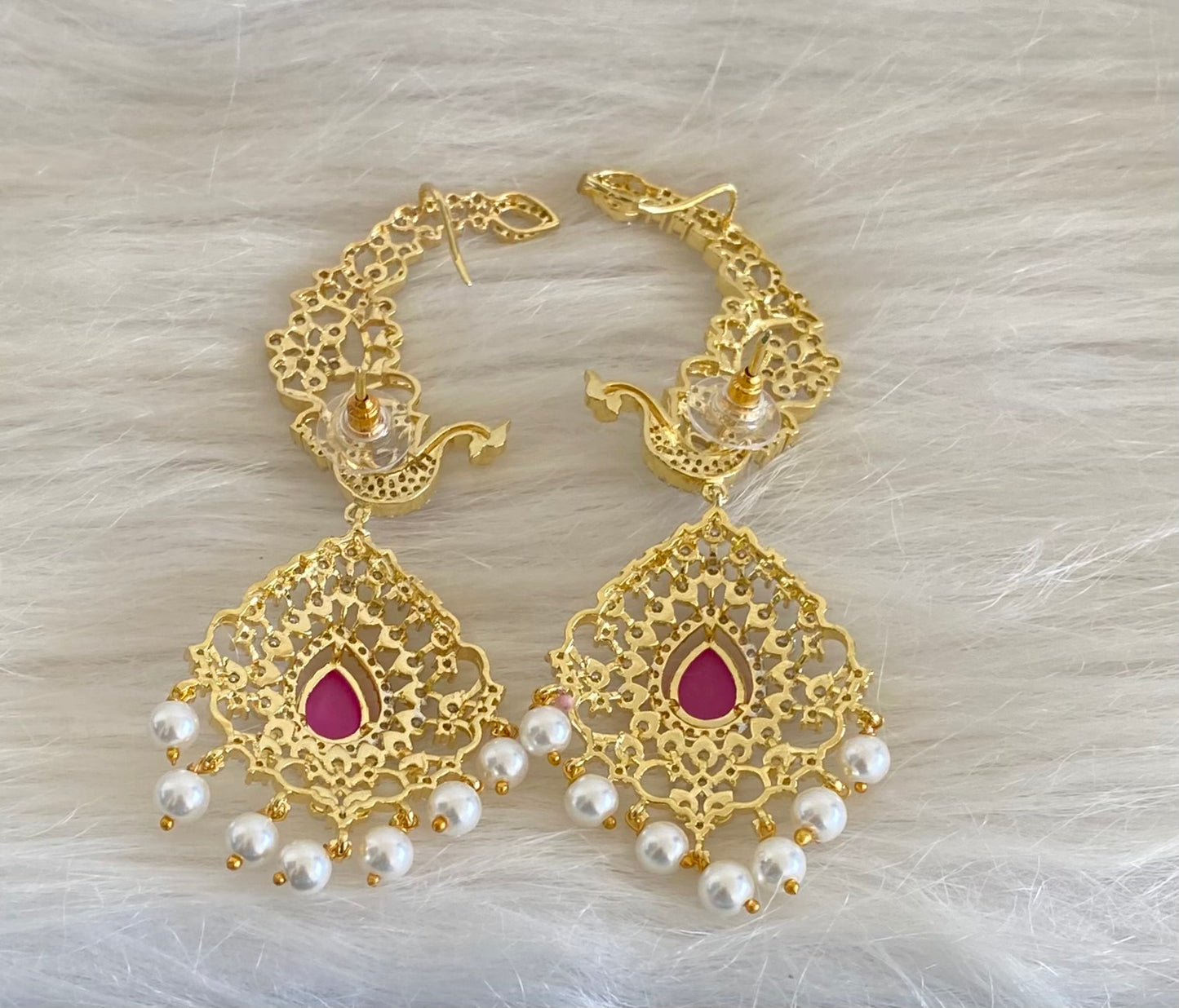 Two tone white-ruby stone pearl peacock khanpool earrings dj-54654
