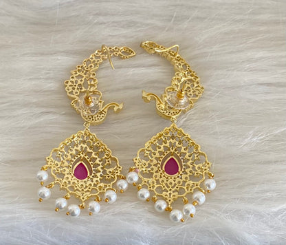 Two tone white-ruby stone pearl peacock khanpool earrings dj-54654