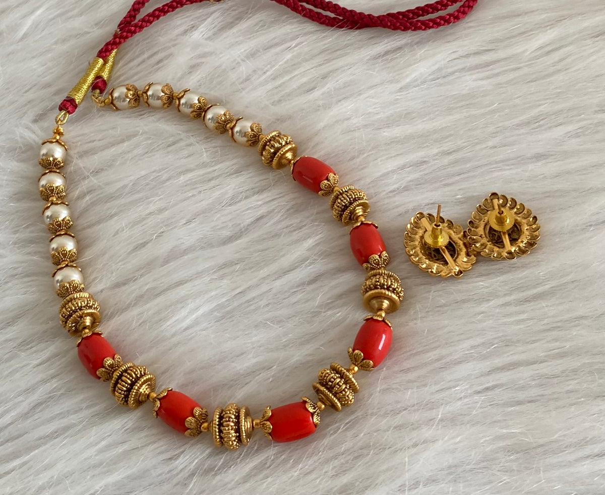 Antique gold tone coral pearl nakshi beaded necklace set dj-54945