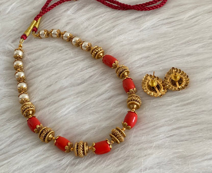Antique gold tone coral pearl nakshi beaded necklace set dj-54945