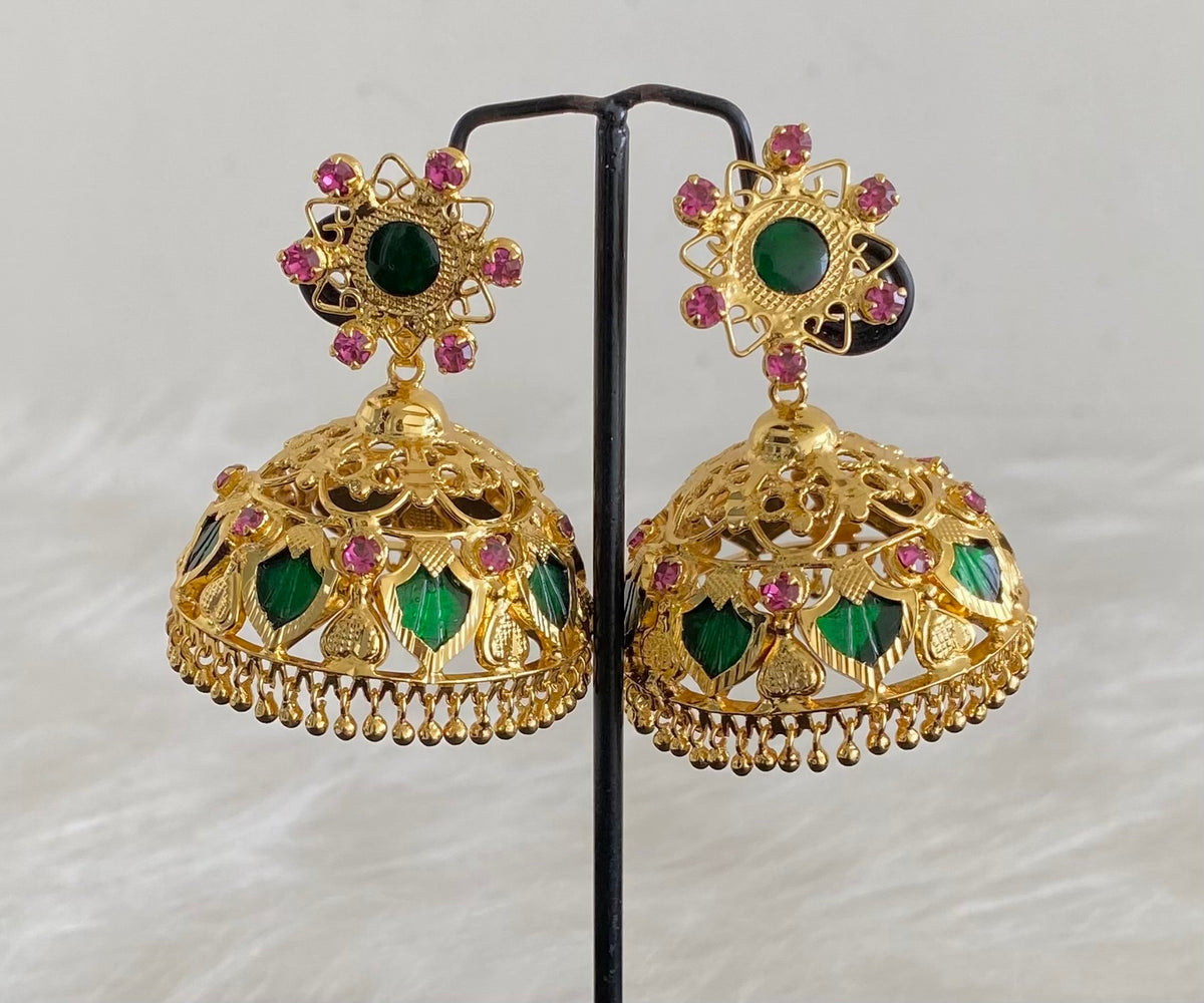 Gold Tone Pink-green 8 petal Big Palakka Jhumkka DJ27041