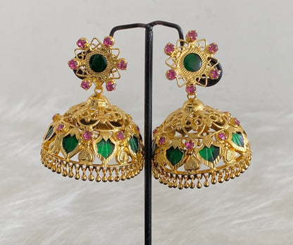 Gold Tone Pink-green 8 petal Big Palakka Jhumkka DJ27041