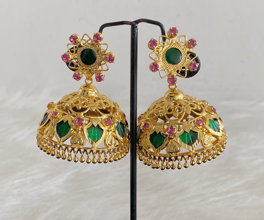 Gold Tone Pink-green 8 petal Big Palakka Jhumkka DJ27041