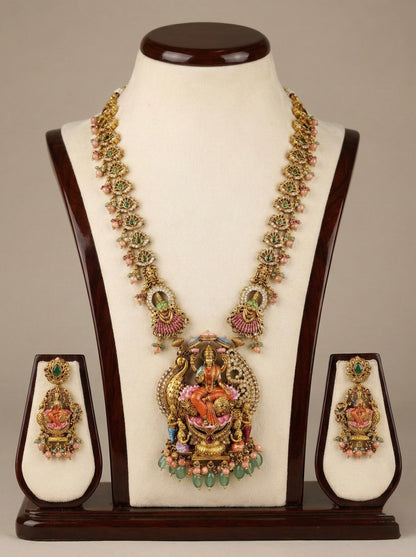 Matte finish pink-orange meenakari lakshmi haar set dj-52709