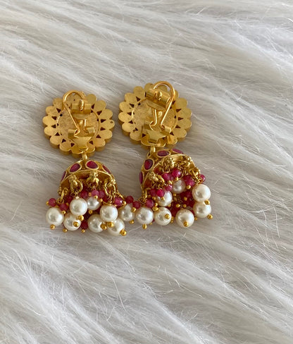 Gold tone kemp-green-white stone kundan jadau pearl jhumkka dj-54588