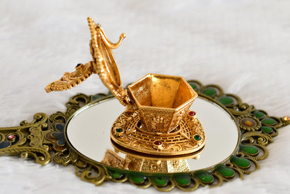 Antique gold tone kemp-green peacock kumkum box dj-52314