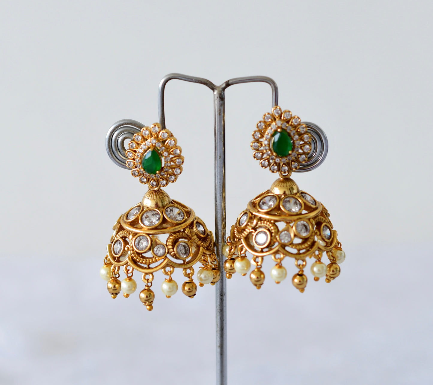 Antique gold tone green-pearl jhumkka dj-51937
