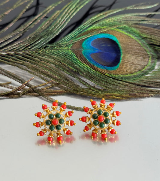 Gold tone coral-green round beaded stud/earrings dj-51599