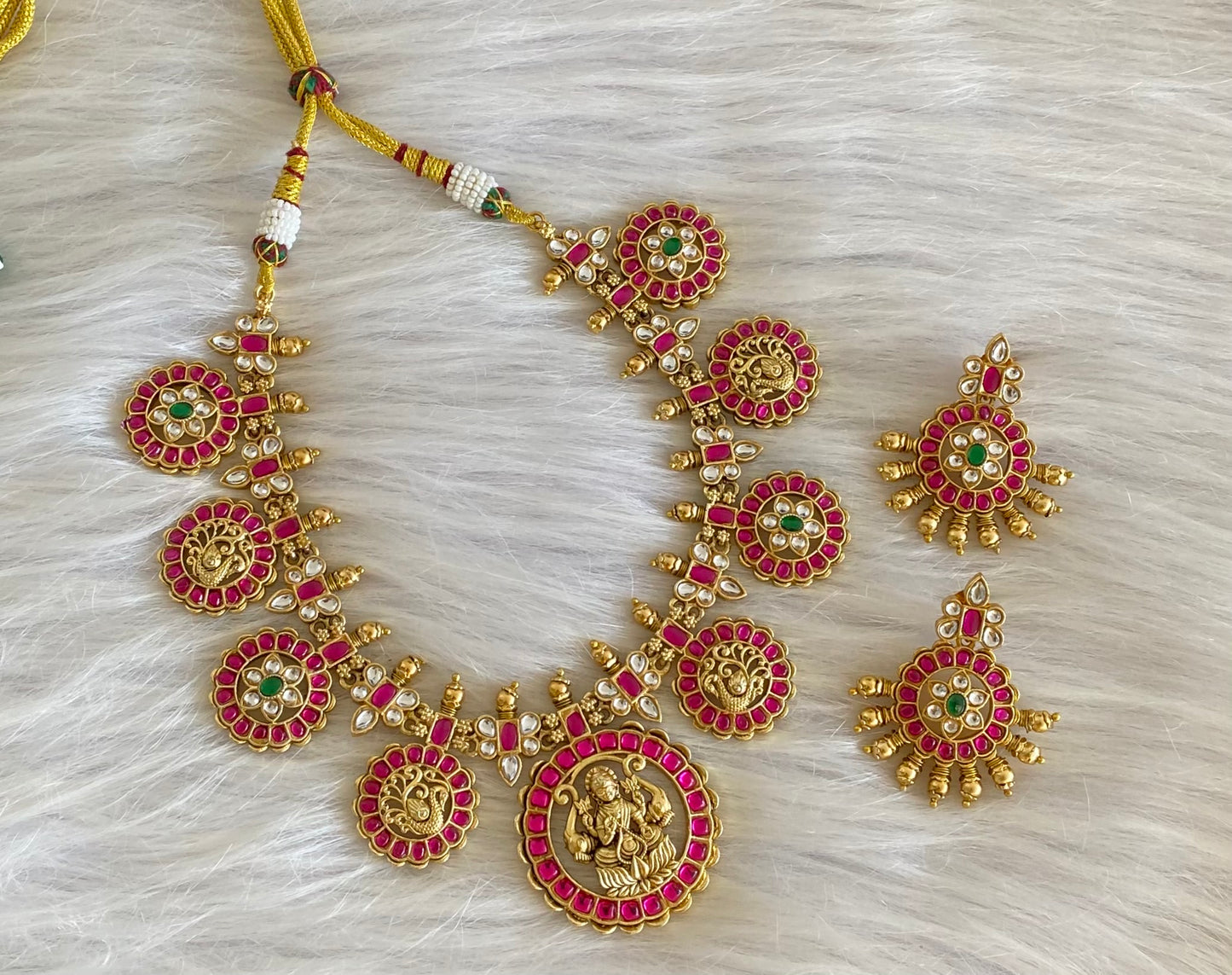 Antique gold tone lakshmi peacock flower kundan jadau necklace set dj-54164
