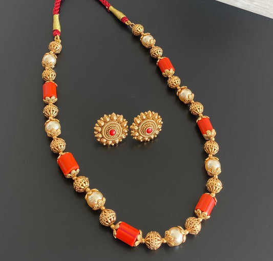 Matte finish coral-pearl beaded necklace set dj-50463