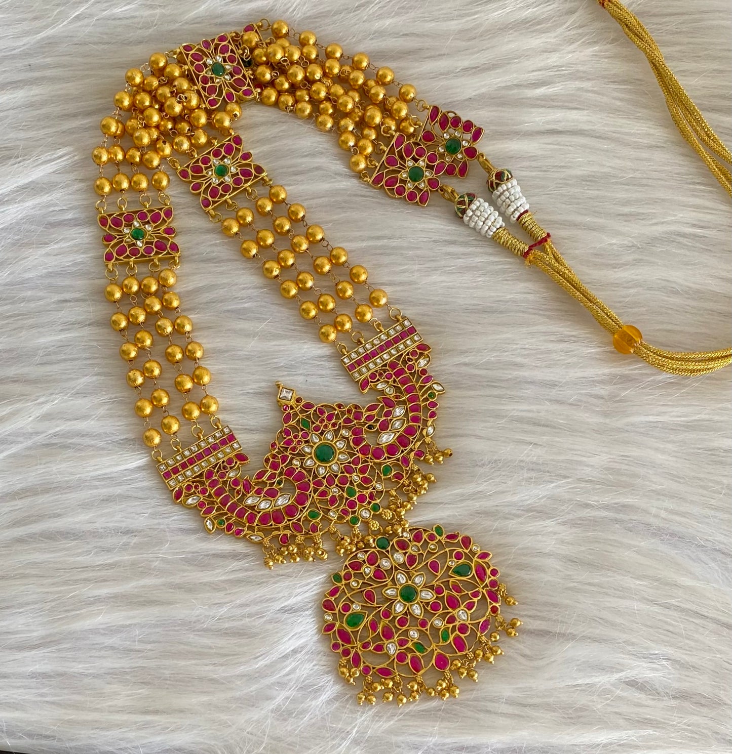Gold tone pink-green-white flower kundan jadau haar dj-54158