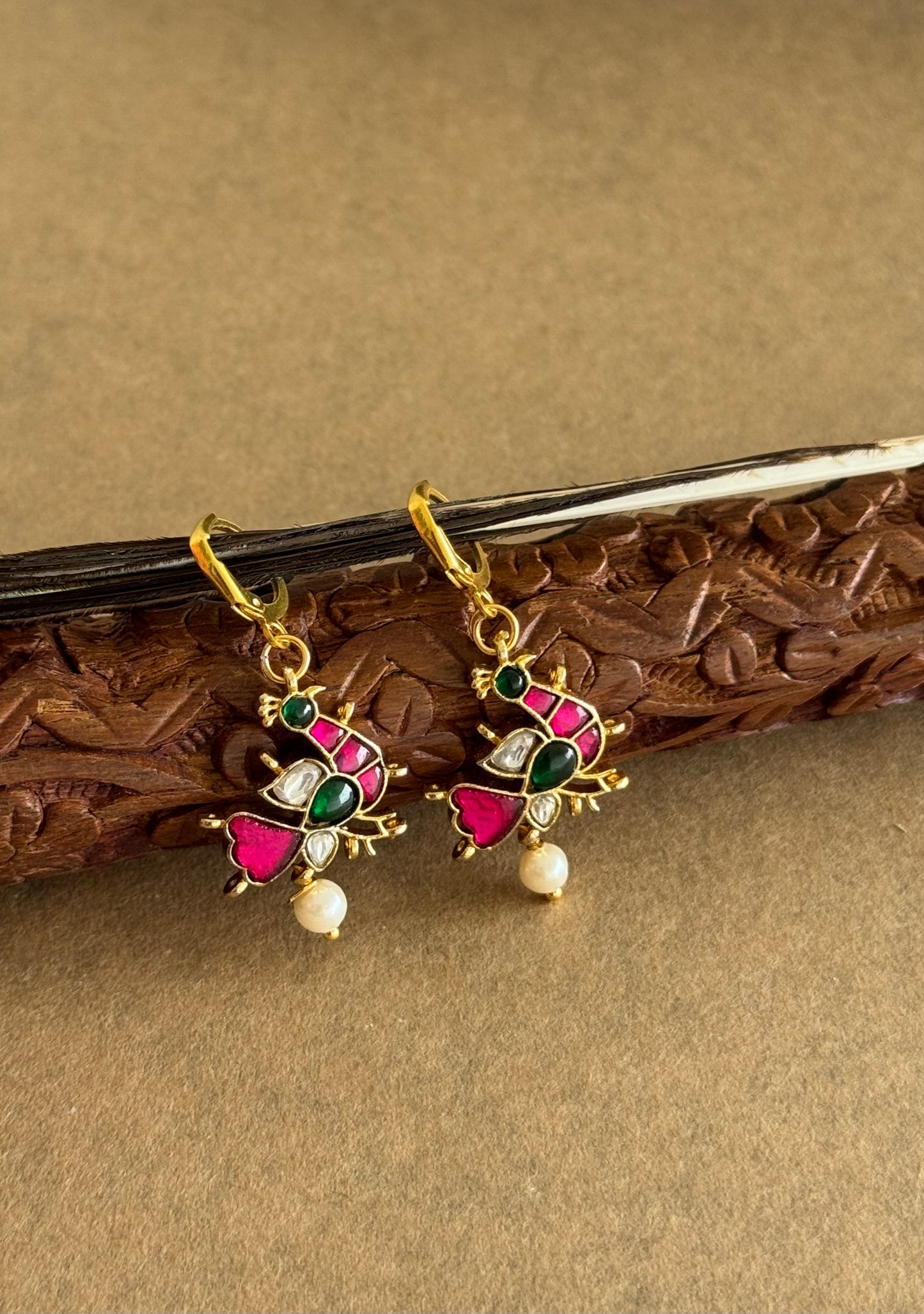 Gold tone pink-green-white kundan jadau peacock hook earrings dj-51529