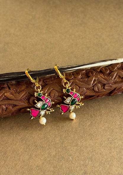 Gold tone pink-green-white kundan jadau peacock hook earrings dj-51529