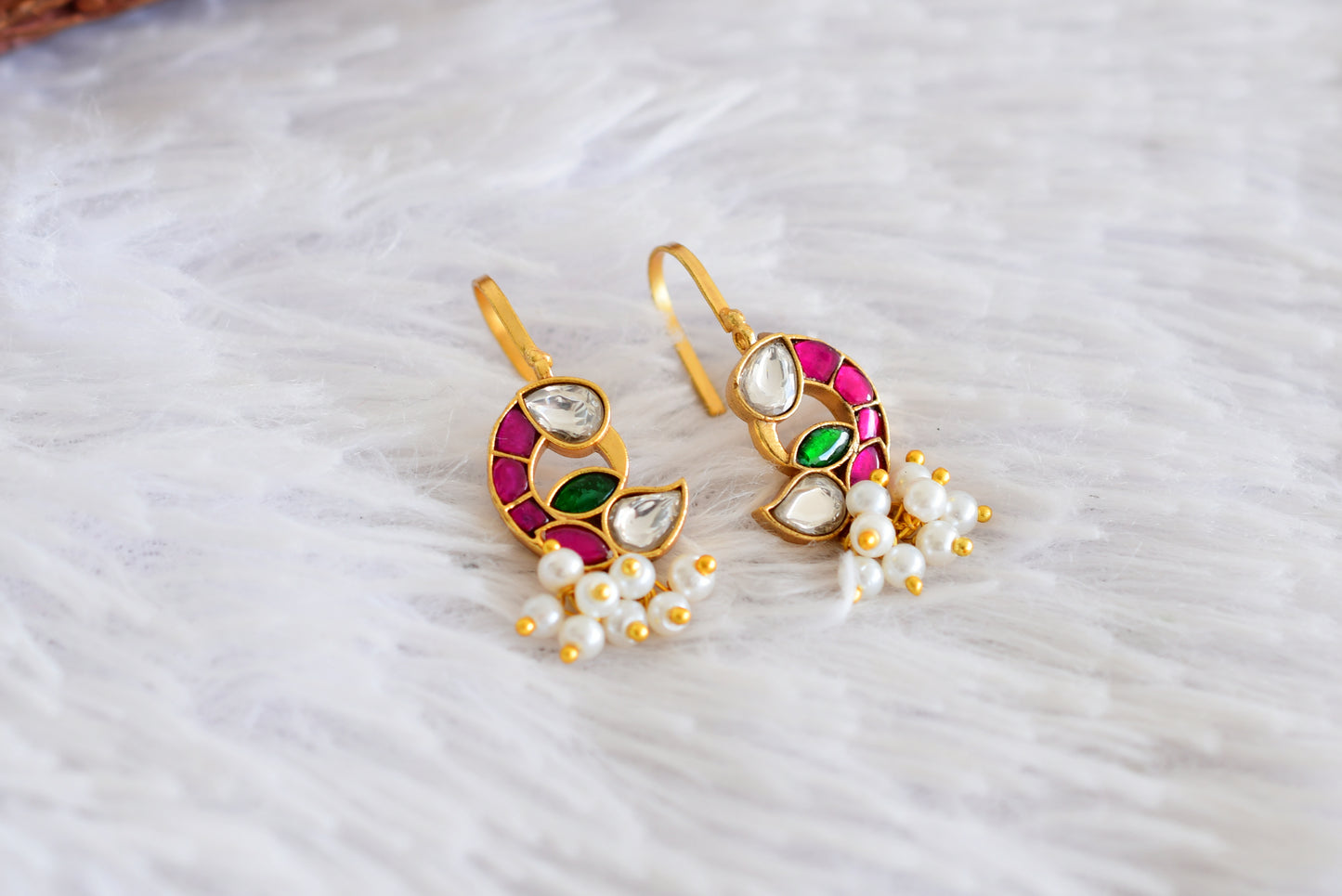 Gold tone pink-green-white kundan jadau peacock bugadi earrings dj-52476