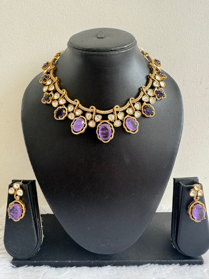 Antique gold tone cz purple moissanite necklace set dj-51067