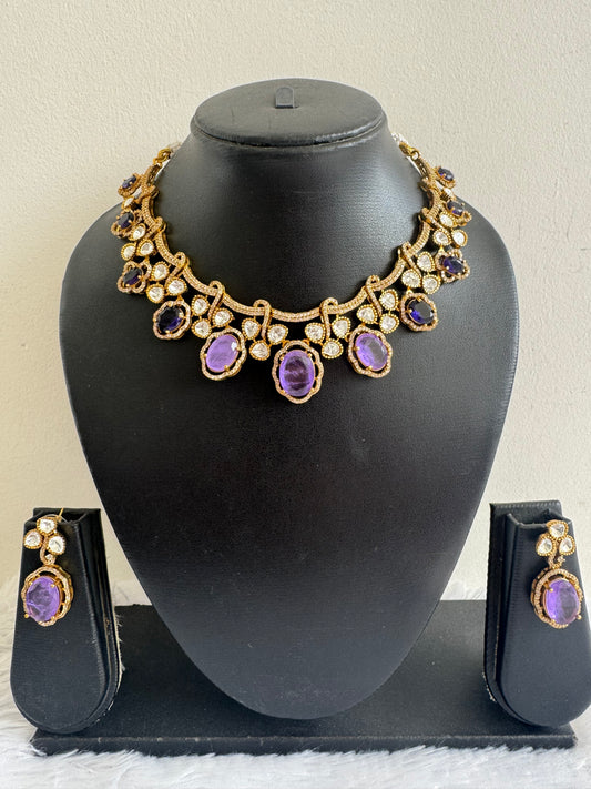 Antique gold tone cz purple moissanite necklace set dj-51067