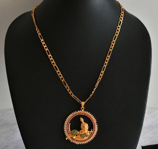 Gold tone 18 inches chain with ruby-green-white krishna round pendant dj-51920