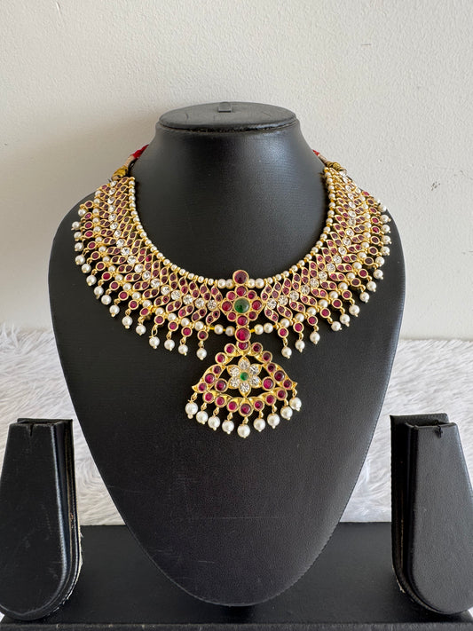 Gold tone precious kemp-green-white pearl big necklace dj-52260