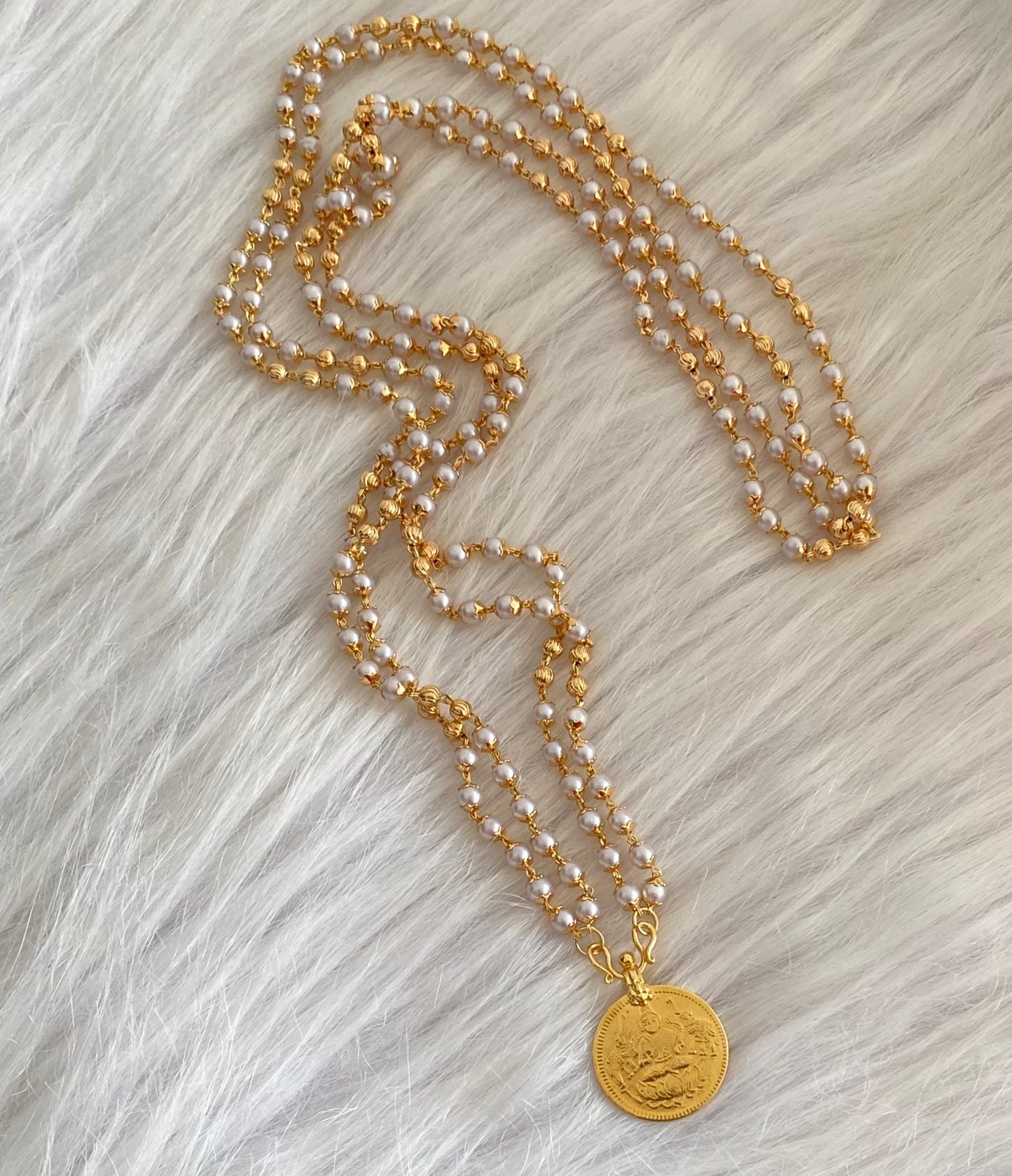 Gold tone 30 inches pearl chain with lakshmi coin pendant dj-54272