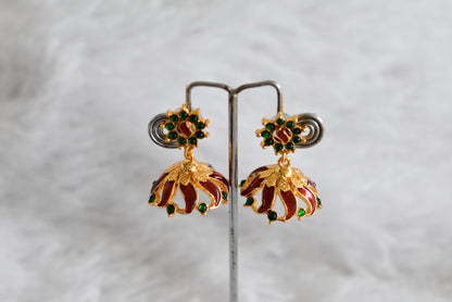 Gold tone red-green flower enamel jhumkka dj-52365