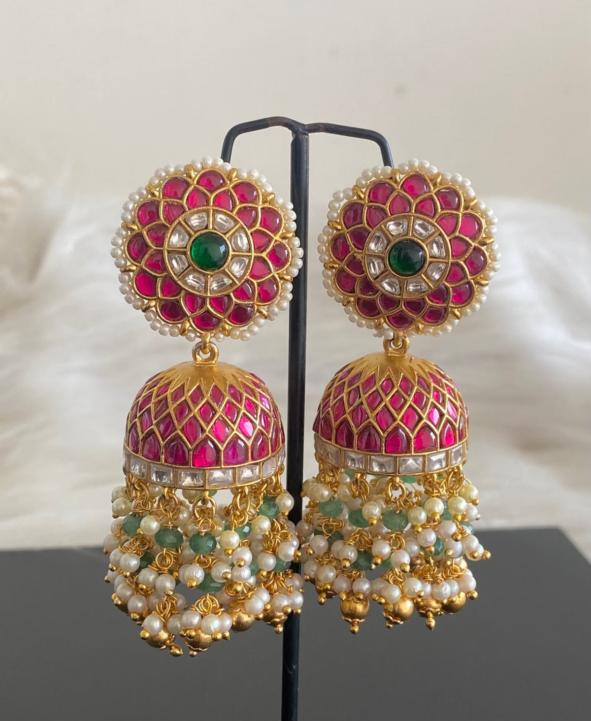 Gold tone pink-white kundan jadau green beaded pearl big jhumkka dj-55100