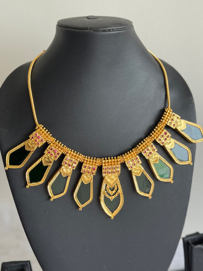 Gold tone green-pink kerala style nagapadam big necklace dj-51719