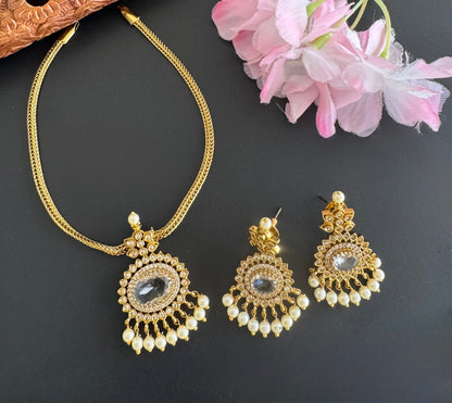 Antique gold tone cz white oval stone necklace set dj-51206