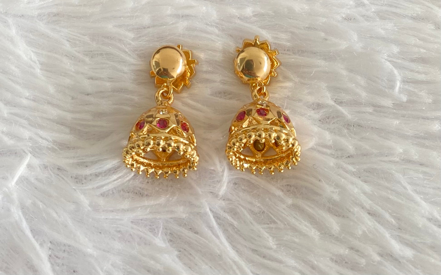 Gold tone AD pink-white flower small jhumkka dj-51892