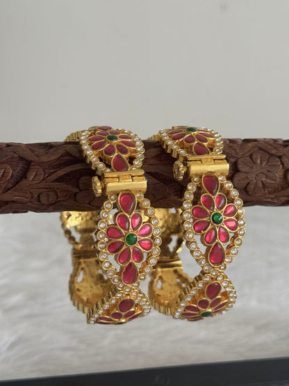 Gold tone pink-green flower kundan jadau screw type bangles(2.4) dj-51566