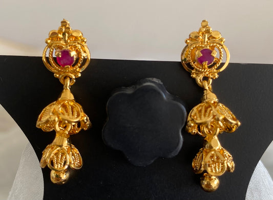 Gold tone pink stone screw back step jhumkka-dj52888