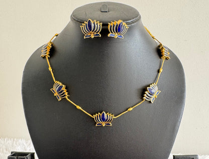 Matte finish Blue lotus enamel necklace set dj-52112