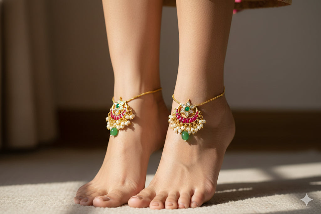 Gold tone pink-green-white flower bali kundan jadau anklets dj-52391