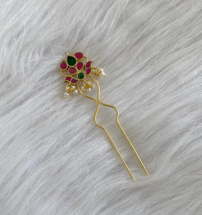 Gold tone kundan jadau kemp-green pearl hair jewel/pin dj-55063