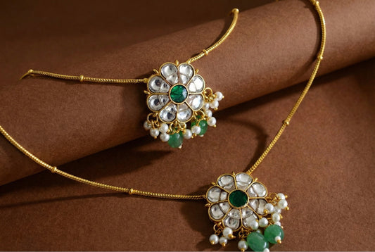 Gold tone white-green flower kundan jadau anklets dj-52401