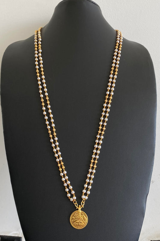 Gold tone 30 inches pearl chain with lakshmi coin pendant dj-54272
