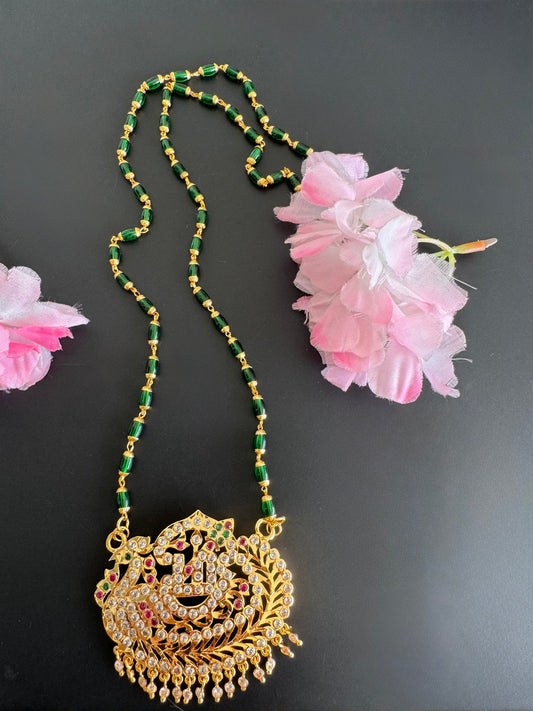 Gold tone 24 inches green beaded chain with AD pink-green Om peacock pendant dj-51192