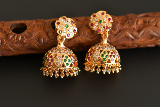 Gold tone south indian style AD pink-green-white jhumkka dj-50497