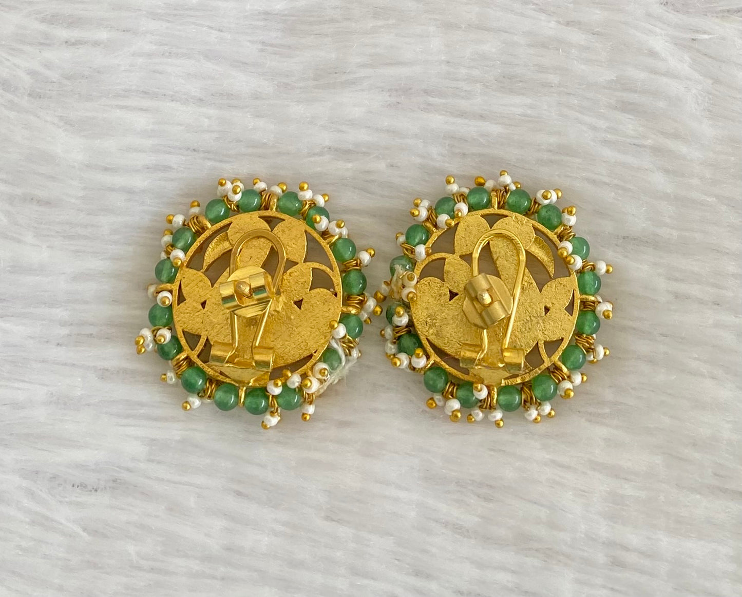 Gold tone pink-green-white pearl kundan jadau swan stud/earrings dj-53548