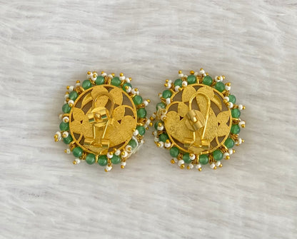 Gold tone pink-green-white pearl kundan jadau swan stud/earrings dj-53548