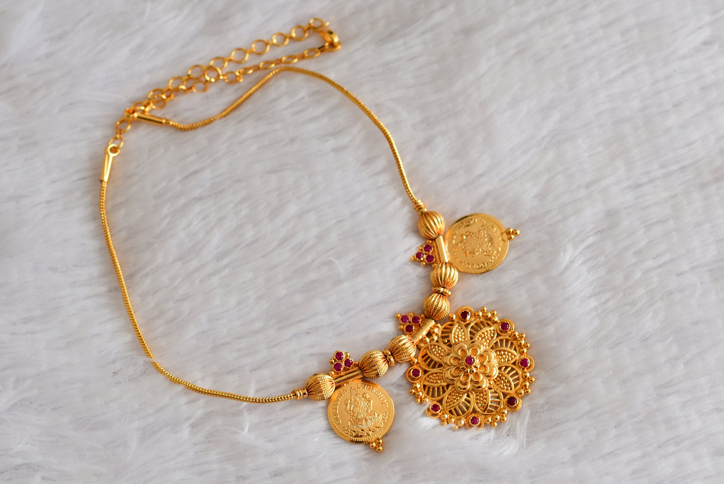 Gold tone AD pink flower lakshmi coin necklace dj-51843