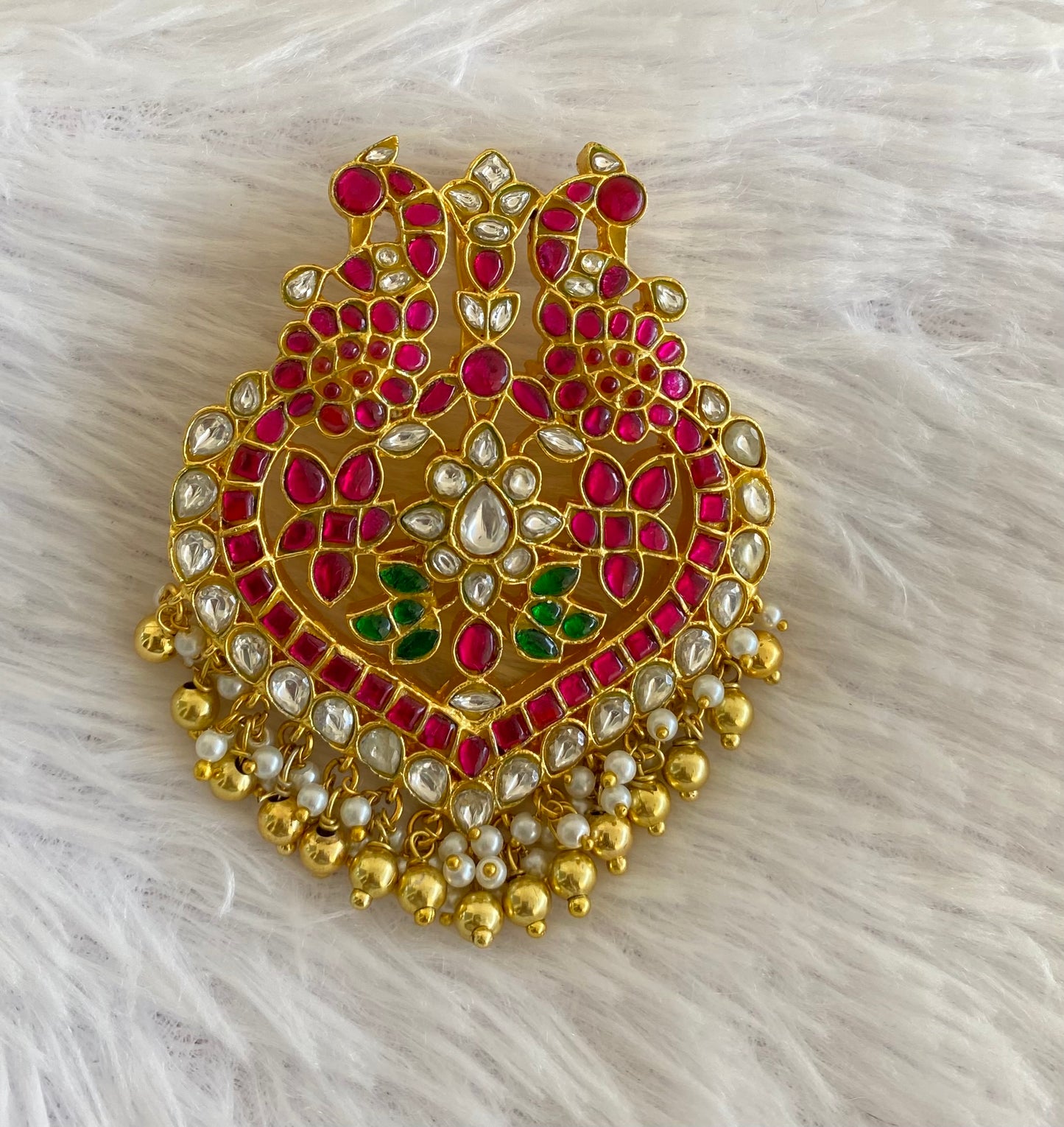 Gold tone pink-green-white kundan jadau peacock pendant dj-53176
