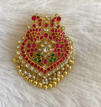 Gold tone pink-green-white kundan jadau peacock pendant dj-53176