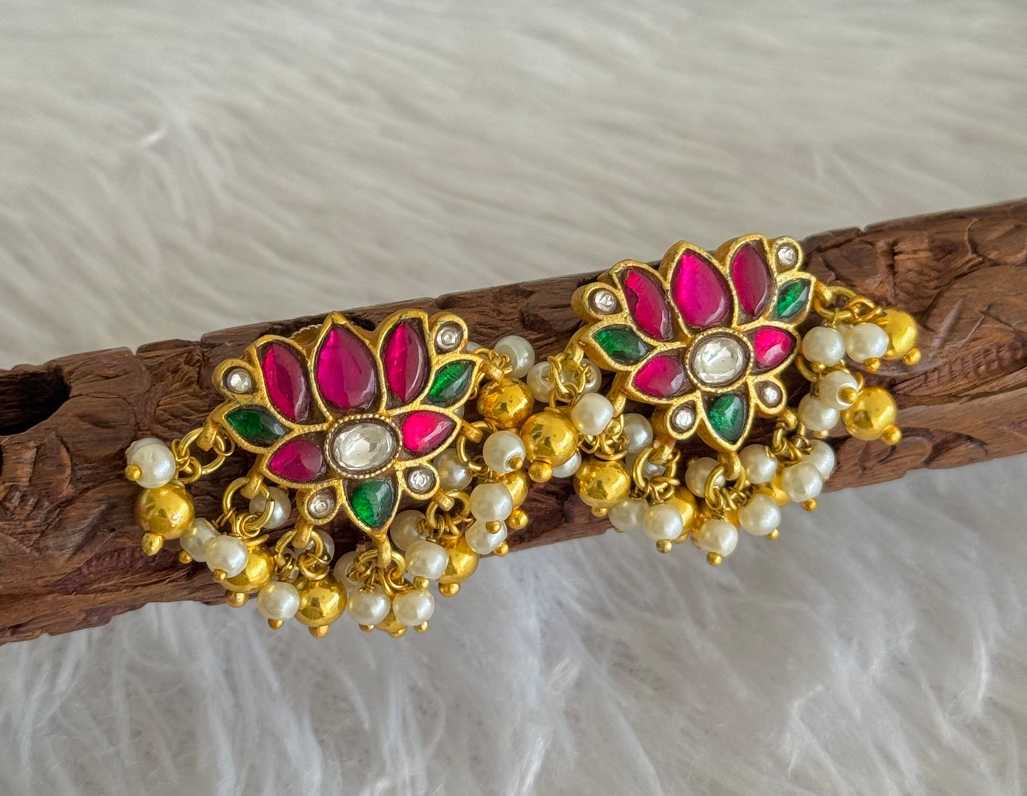 Gold tone pink-green-white kundan jadau Lotus earrings dj-52103