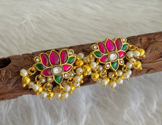 Gold tone pink-green-white kundan jadau Lotus earrings dj-52103