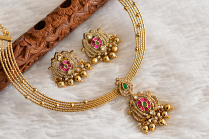 Antique gold tone pink-green kundan jadau kante necklace set dj-52418