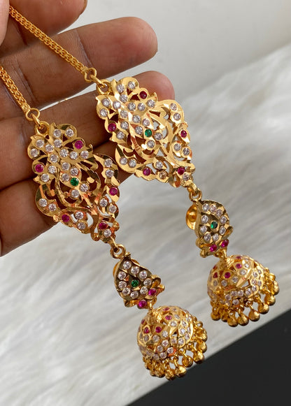Gold tone AD pink-green south Indian mango jhumkka with ear side chain dj-53689