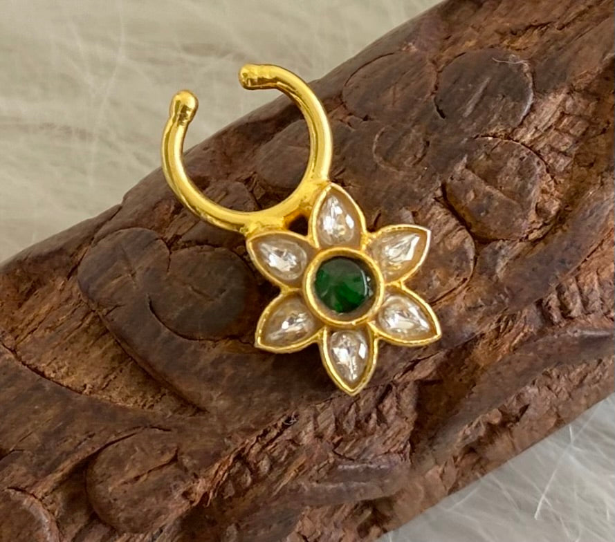 Gold tone kundan jadau white-green stone flower nose pin/bulakku dj-53774